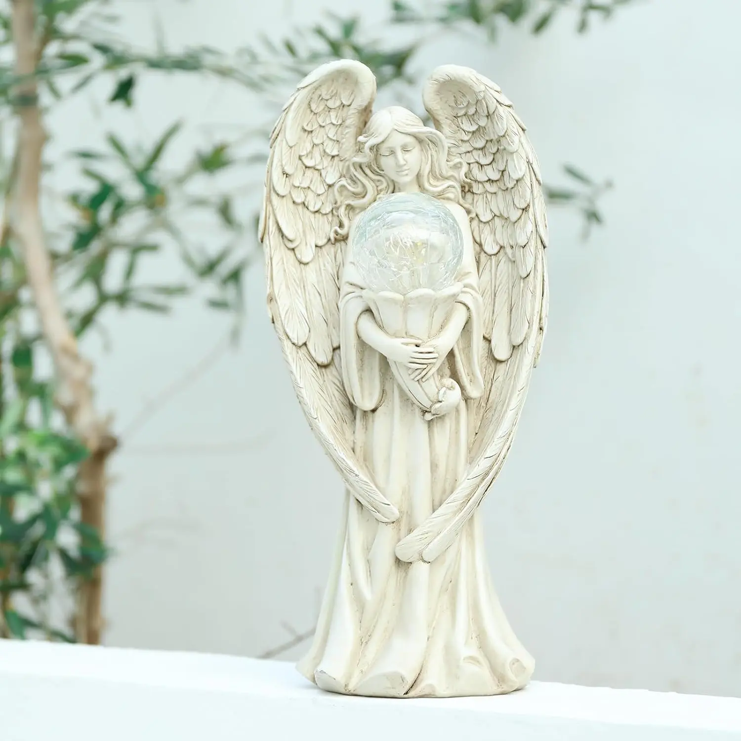 Angels Outdoor Statue, Solar Angel with Crackled Glass Globe Outdoor | Angel Statues Figurine with Warm Lights, Memorial Angel Holding Flower Ball for Cemetery, Yard Patio Decor or Sympathy Gifts