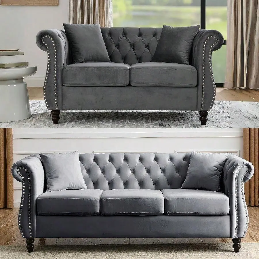 Modern Chesterfield Velvet Sofa Couch With Nailhead Trim, Classic Upholstered Tufted Couch With Rolled Arms, Luxury Living Room Sofa With 2 Cushions, Solid Wood Frame, 2 Seater Loveseat & 3 Seater Couch For Living Roo,lounge,chair,b,rustic,,apartment,use,