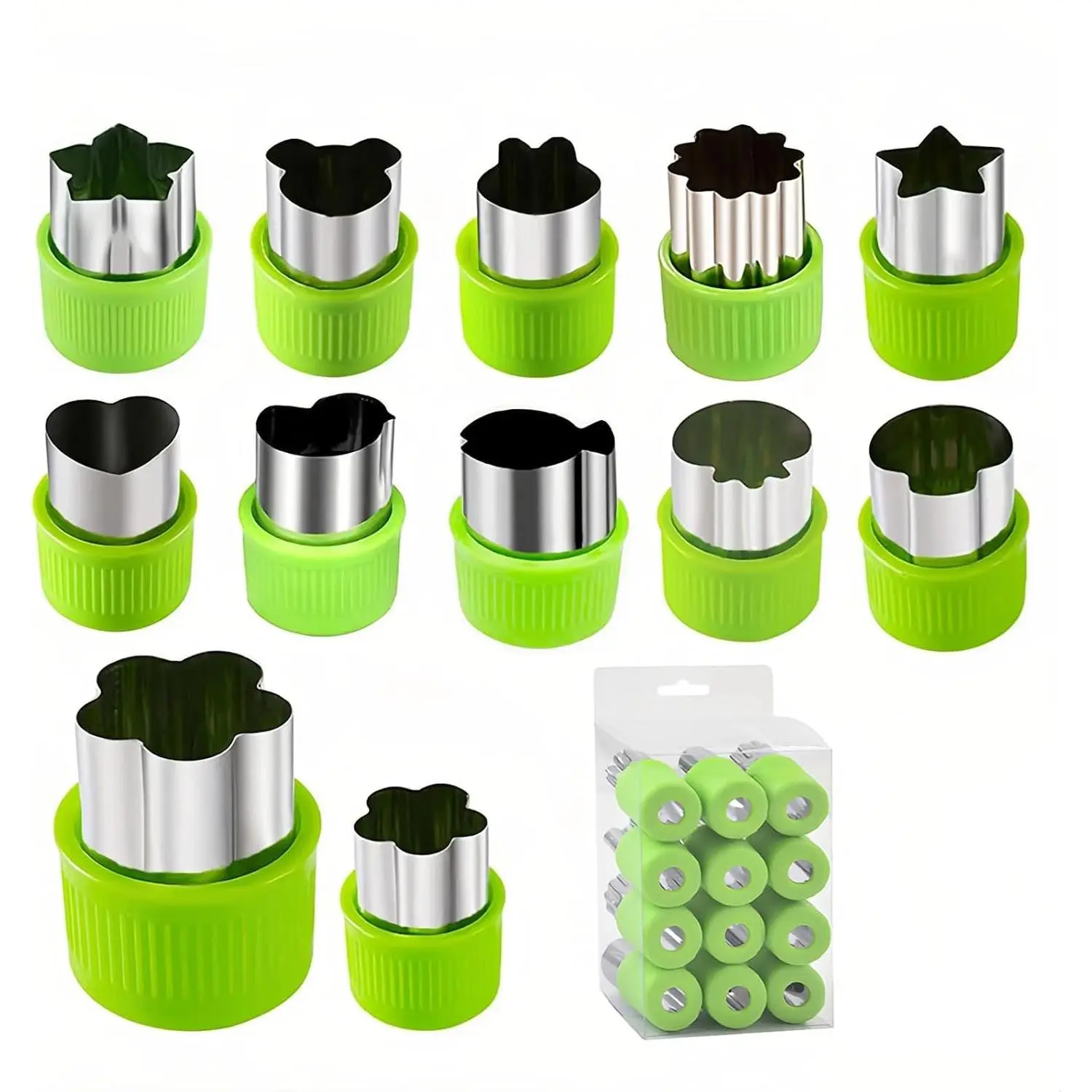 12-Piece Sturdy Stainless Steel Cookie Cutters Set - Bakeware Utensils with Flower Shape for Baking DIY Cookies, Mini Pies, Fondant, Fruit/Veggie, Dishwasher Safe, Green, Ideal Birthday Gift for Teens & Parents, Playful Shapes