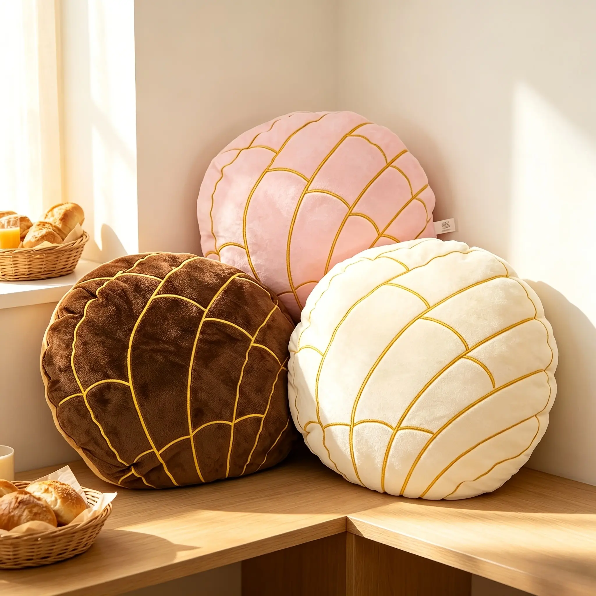 Mexican Concha Bread Shaped Cuddle Pillow, Soft Polyester Fiber Decorative Cushion, Unique Baking Treat Design, Home Décor for Living Room, Dorm, Sofa, Bedroom