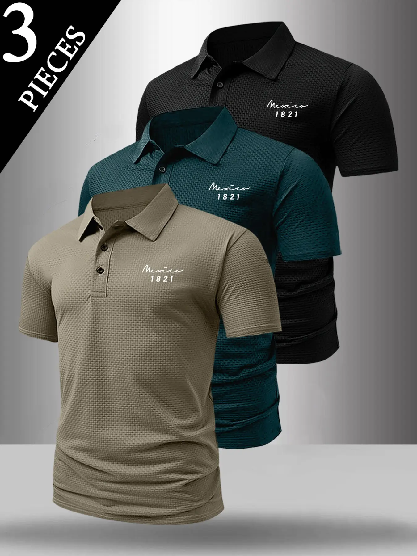 Hot Selling 3 Pack Men's Summer Fine Plaid Short Sleeve Polo Shirts, Printed With Mexico 1821 Graphic, Fashionable Stretch Stain-Resistant Textured Fabric, Versatile Casual Tops Suitable For Daily Wear#3PackMensPolo #MexicoStyleClothing