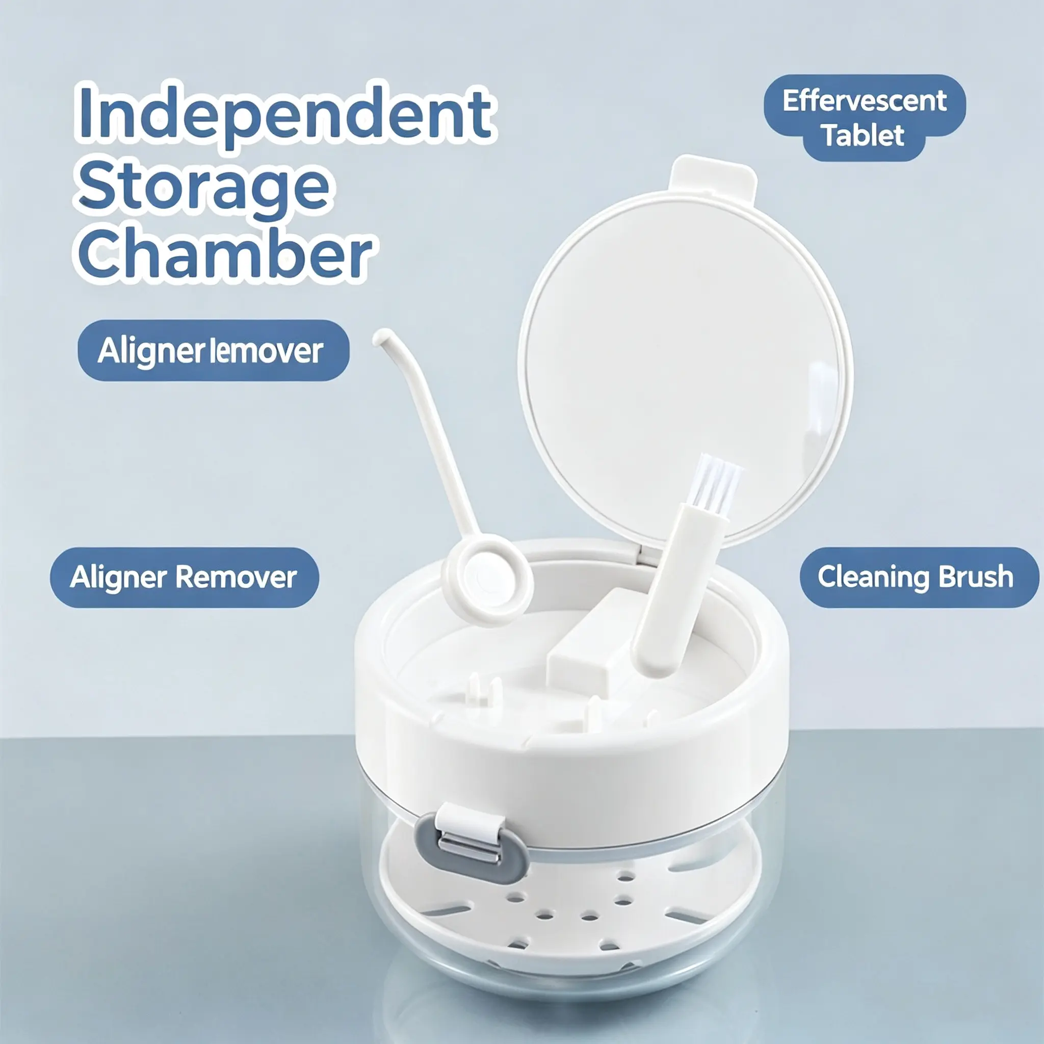 3-in-1 Retainer Care Case with Mirror, RemovableDrain Basket, Portable Aligner Storage Box forInvisalign, Dentures, Mouth Guard, TravelOrthodontic Container with Cleaning Tools