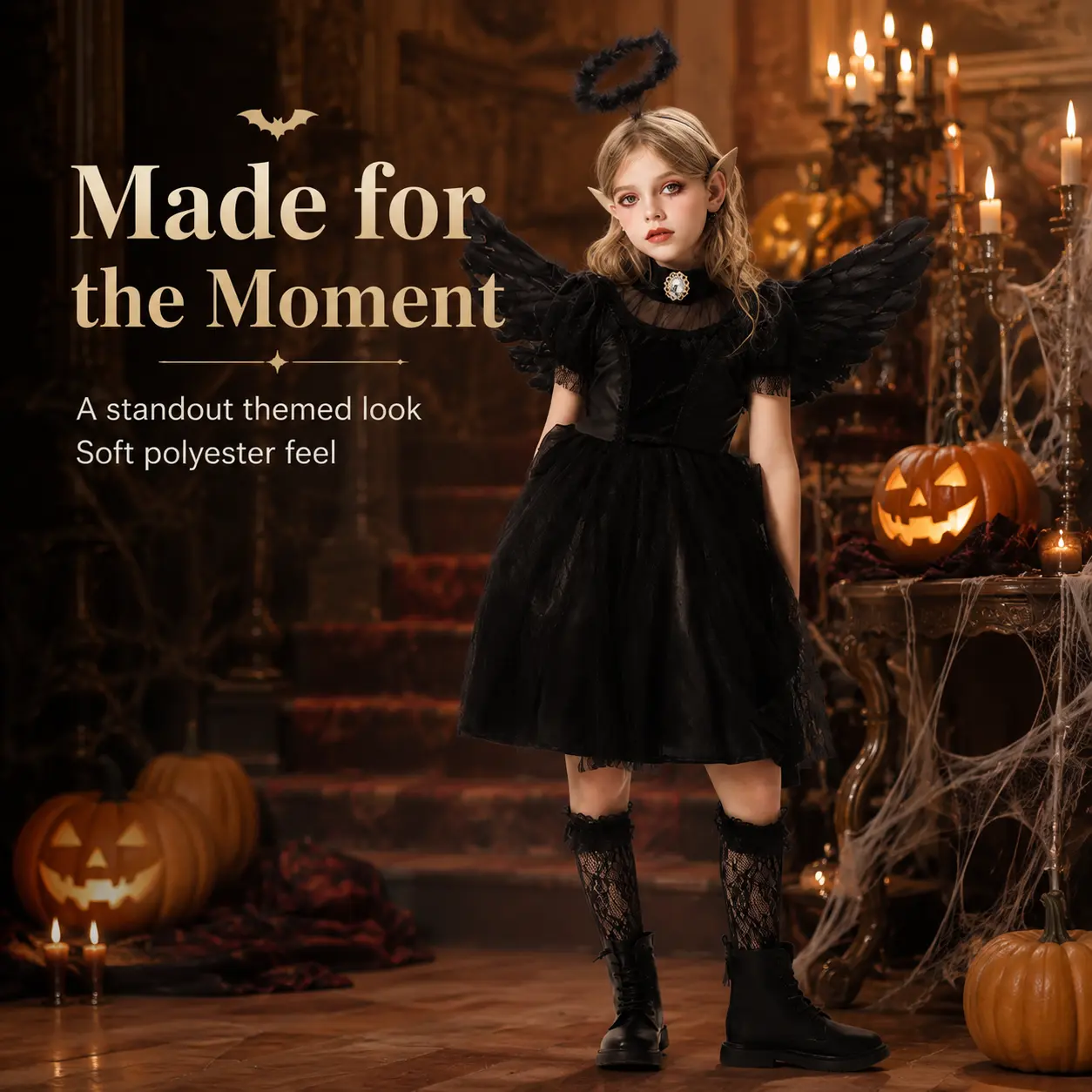 Girls' 4-Piece Dark Fallen Angel Halloween Costume Set - Sheer Lace Tulle Dress with Back Zipper, Mid-Calf Gothic Socks, Feather Halo & Wings, Kids' Gothic Look Outfit for Halloween Party & Stage Show