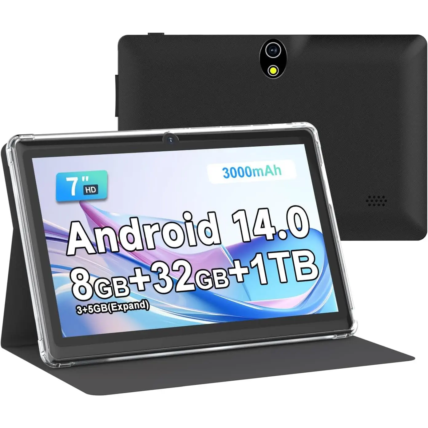 [Autumn sale]7 Inch Android 14 Tablet, 8GB RAM(3+5GB Expand) + 32GB ROM, HD Touchscreen, Dual 2MP Cameras, 3000mAh Battery, Tablet with Case for Adults (Black)