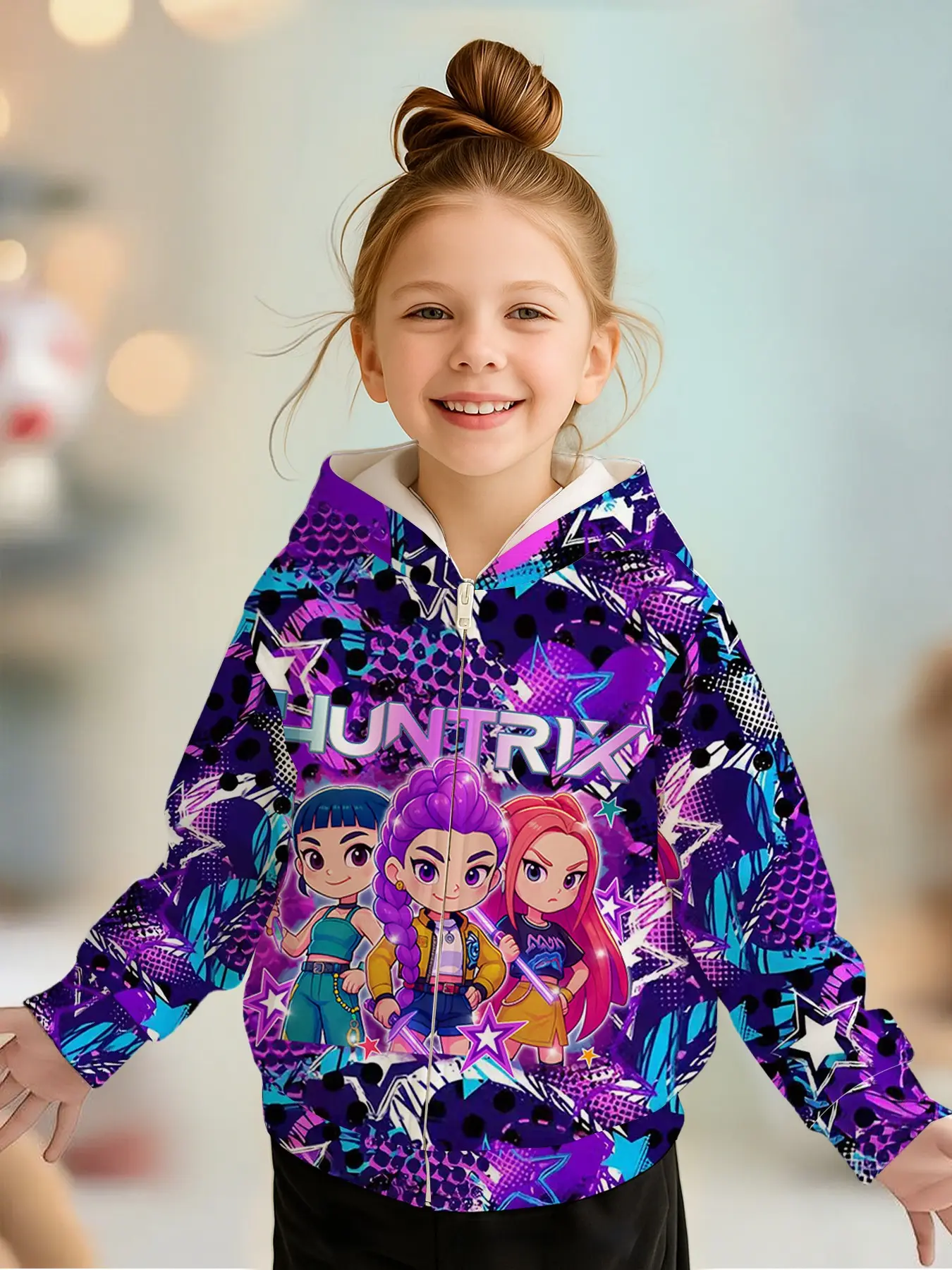 Girls' Spring Fall Zipper Hoodie Jacket, Blue Polka Dot Cartoon Full Print Long Sleeve, Casual Loose Fit, Perfect for Gifts
