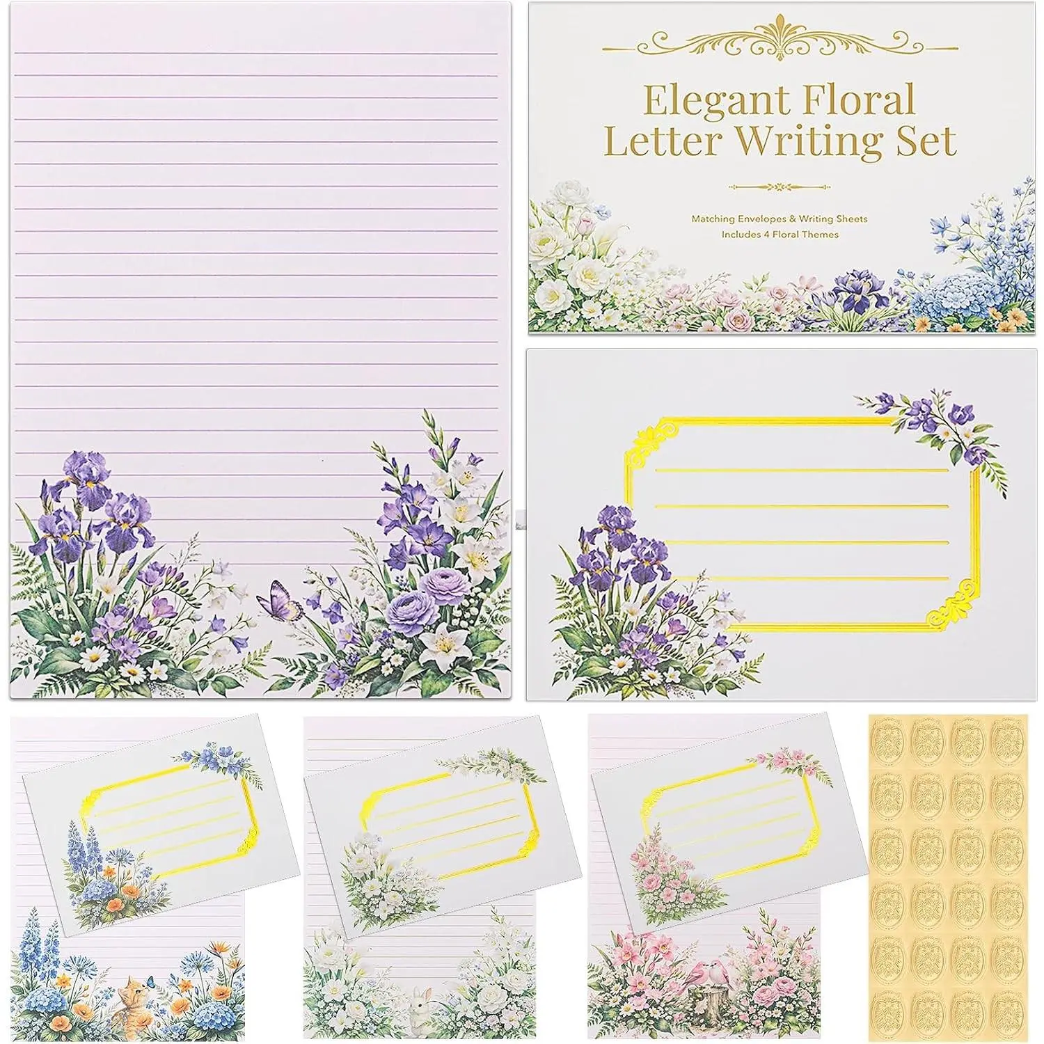 Elegant Floral Stationary Set Letter and Envelopes with 4 Unique Designs, Lined Letter Writing Stationery Paper and Envelopes Set, Letter Writing Kit, Cute Stationery Set for WomenGift