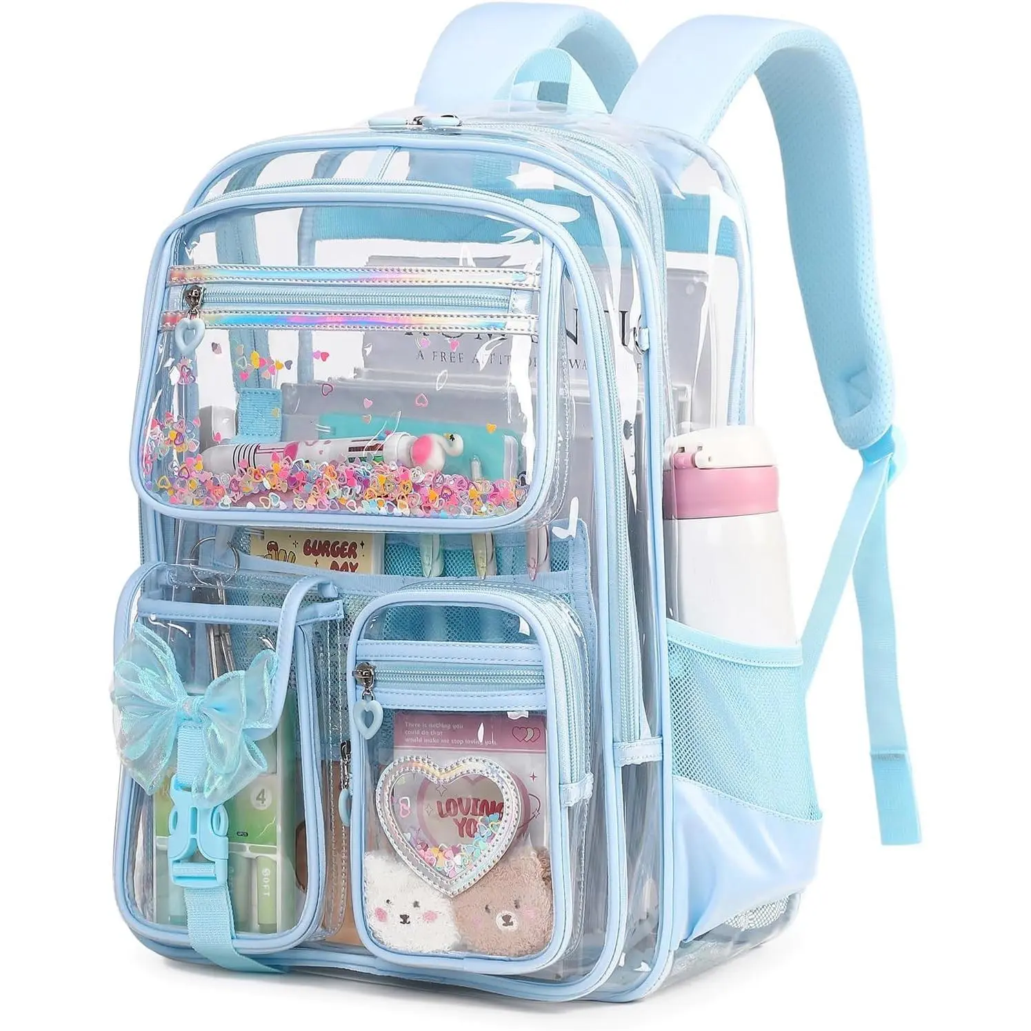 Clear Backpack for Girls, Clear Bookbag Heavy Duty Transparent Backpack for Stadium Events, See Through Back Pack for Kindergarten Elementary Middle High School, BlueGift