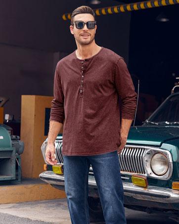 Beotyshow Mens Distressed Henley Shirts Retro Long Sleeve Tee Shirts Casual Button Down Washed T-Shirts for Men Cotton Menswear Father's Day Gift Shirt