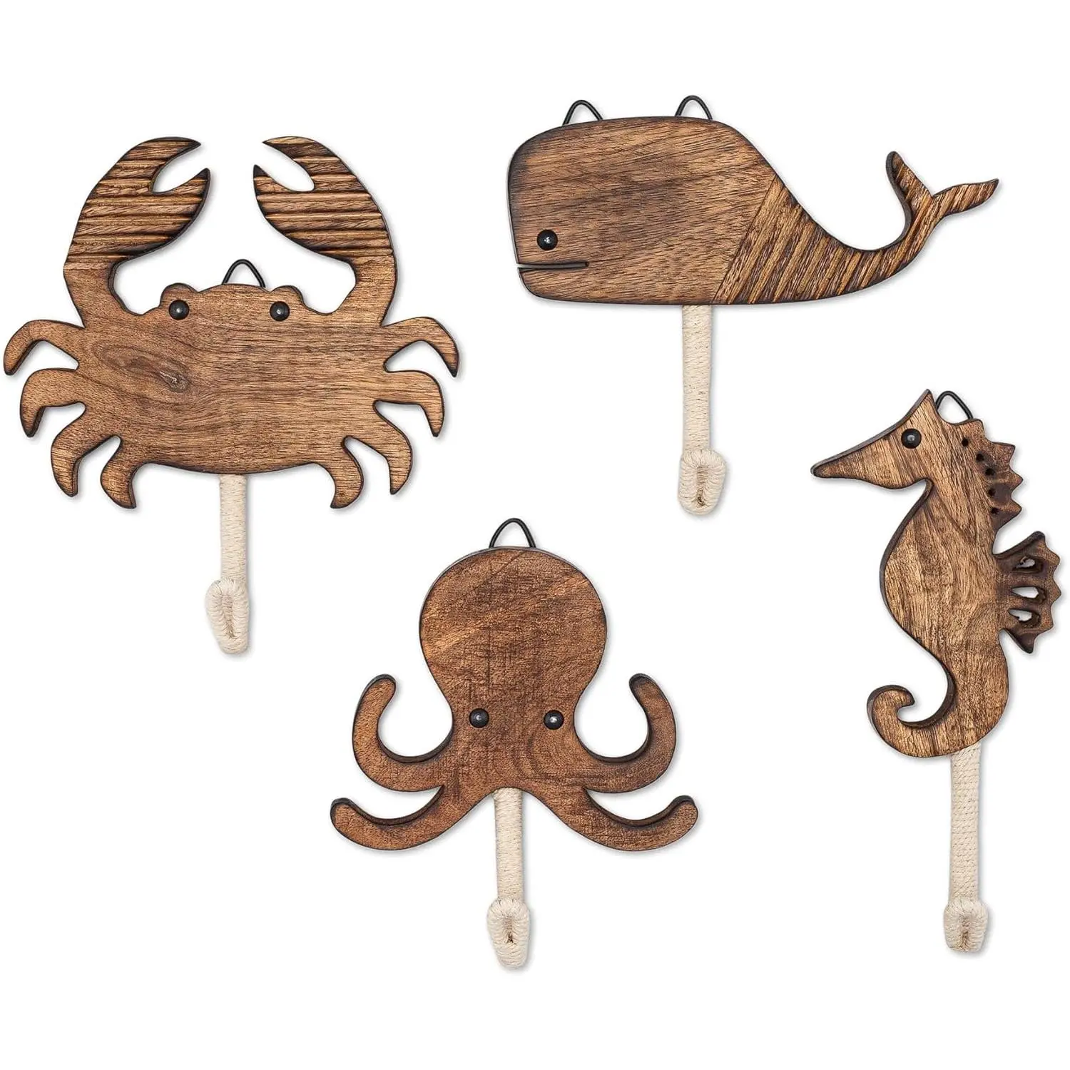 Sea Life Wooden Wall Hooks - Set of 4 Wooden Ocean Nursery Decor Towel Hooks, Brown