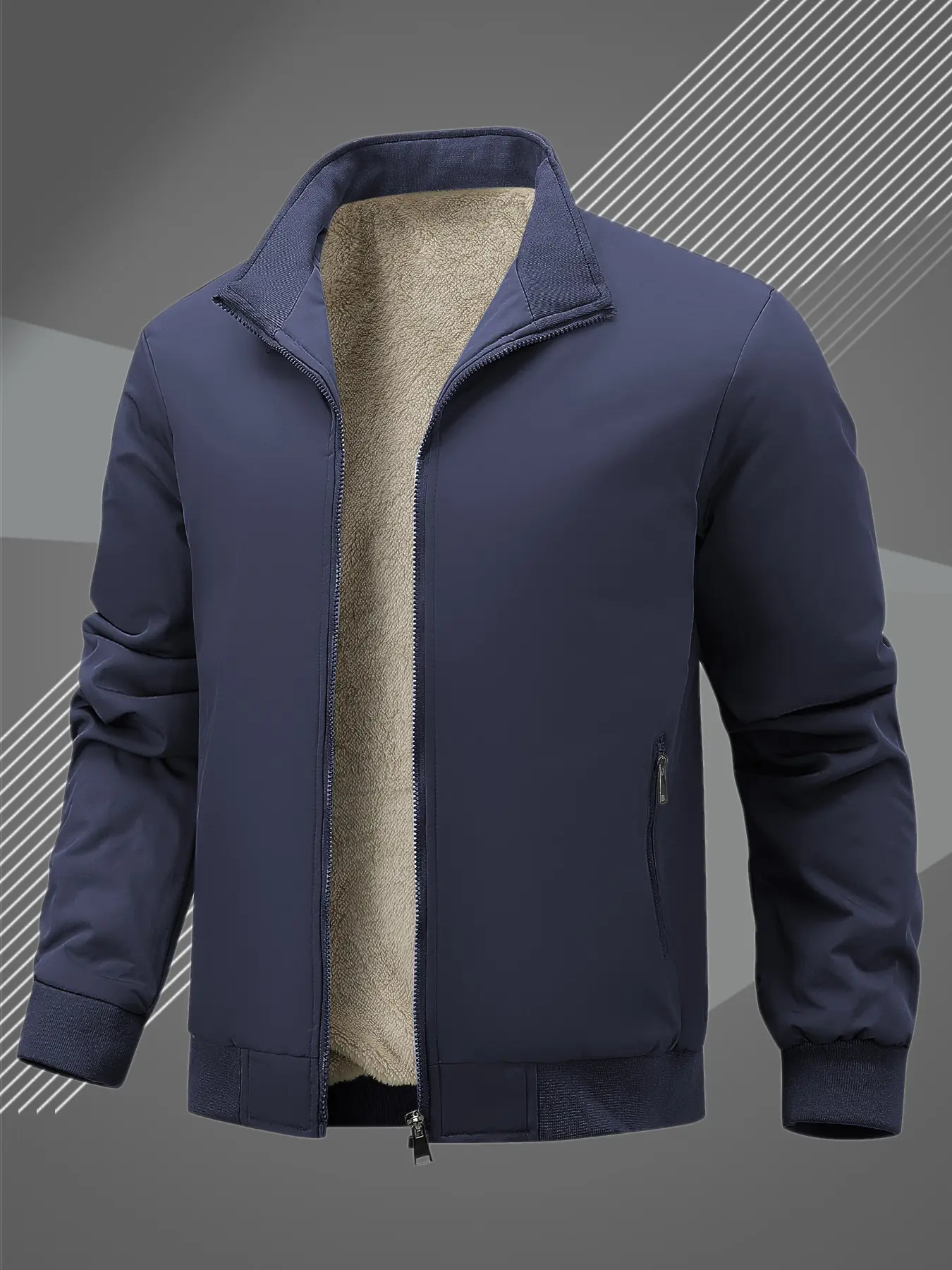 Men's Windproof Stand Collar Fleece Jacket, Thick Warm Fuzzy Lining Winter Coat, Men's Cold Weather Outerwear, Stylish and Cozy Design