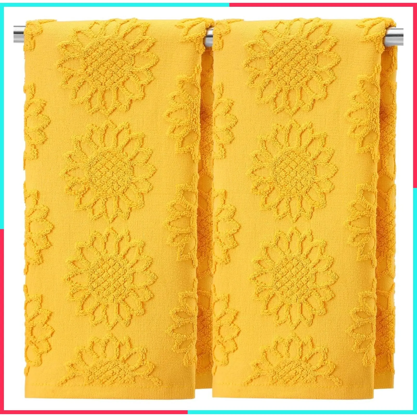 2 Pcs Yellow Sunflower Hand Towels, 100% Cotton Jacquard Weave