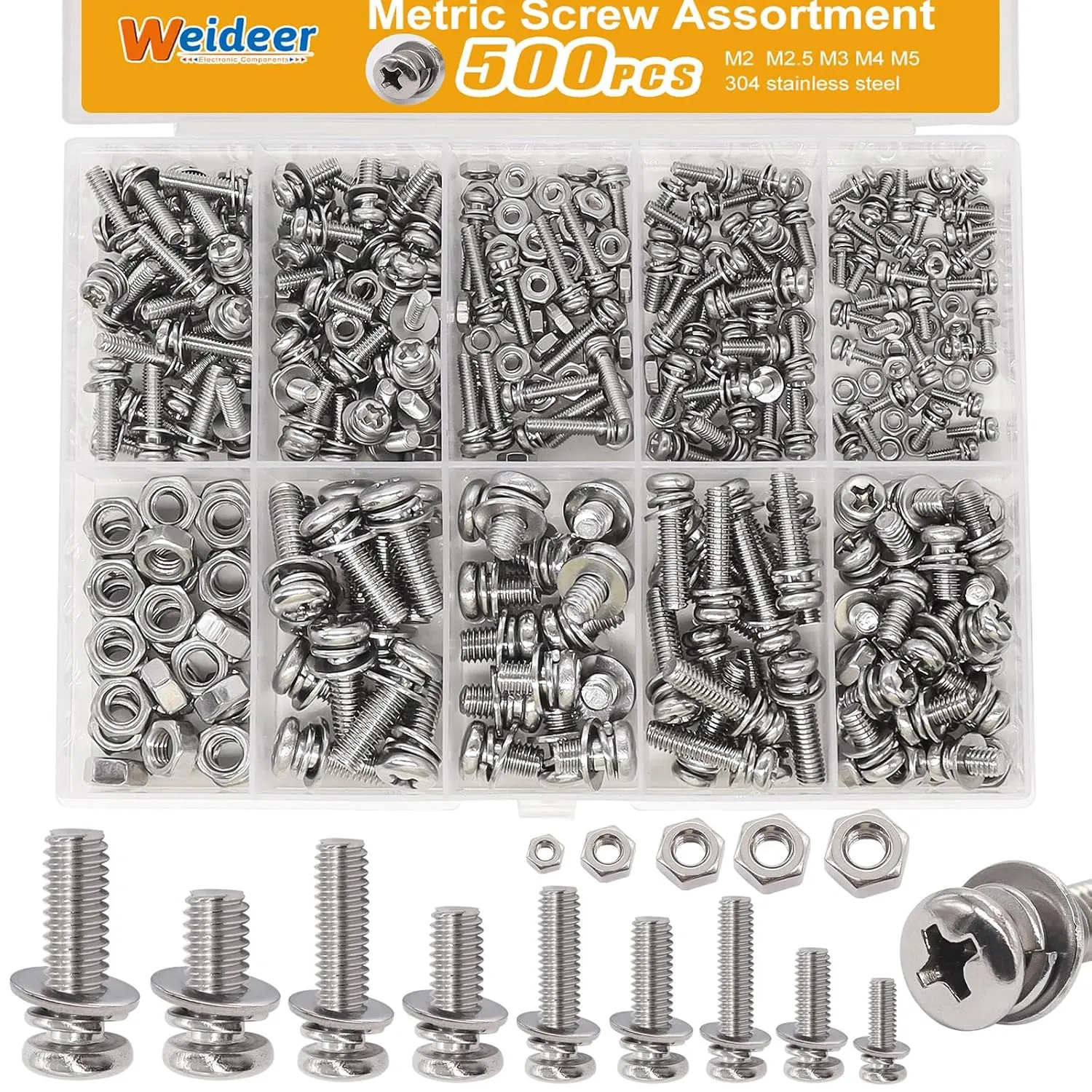500Pcs Nut and Bolt Assortment Kit,M2 M2.5 M3 M4 M5 Machine Screws, 304 Stainless Combination Screws for Electronics,Motorcycle,DIY Projects K-188