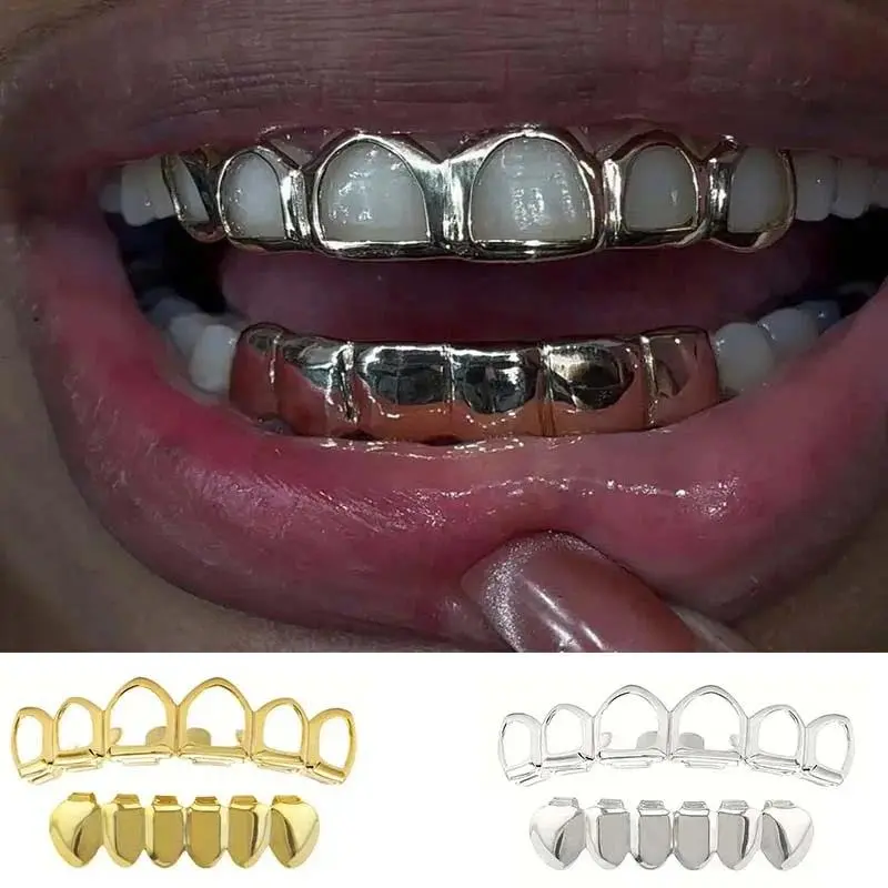 A Set Of Fashionable Six-Tooth Hollowed-Out/Smooth Lower Teeth Hip-Hop Tooth Ornaments, Stage Props, And Festival Gifts