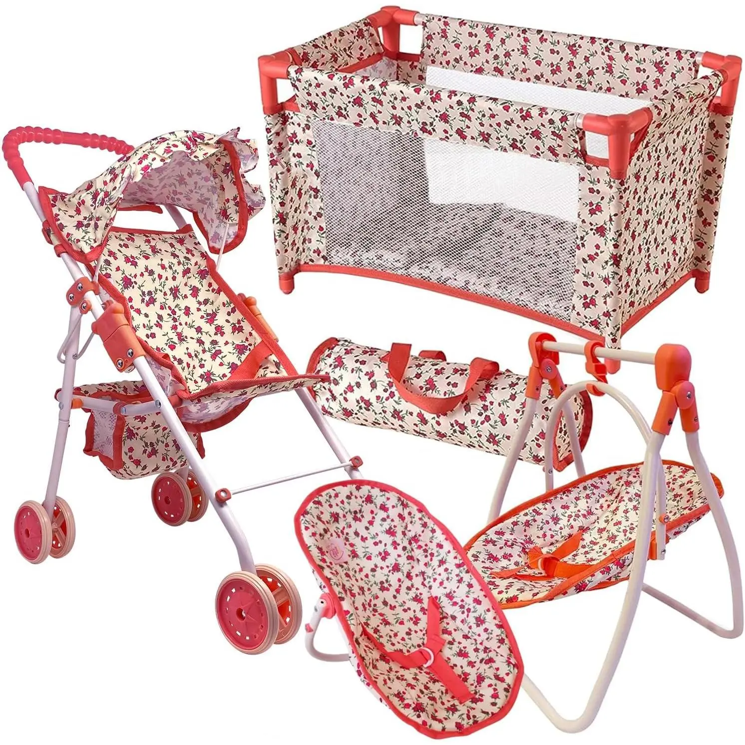 Deluxe Baby Doll Stroller and Crib Furniture Playset, Multi Baby Doll Accessories Set for 18" Dolls, Includes Stroller Swing and Doll Bed Pretend Play - Floral