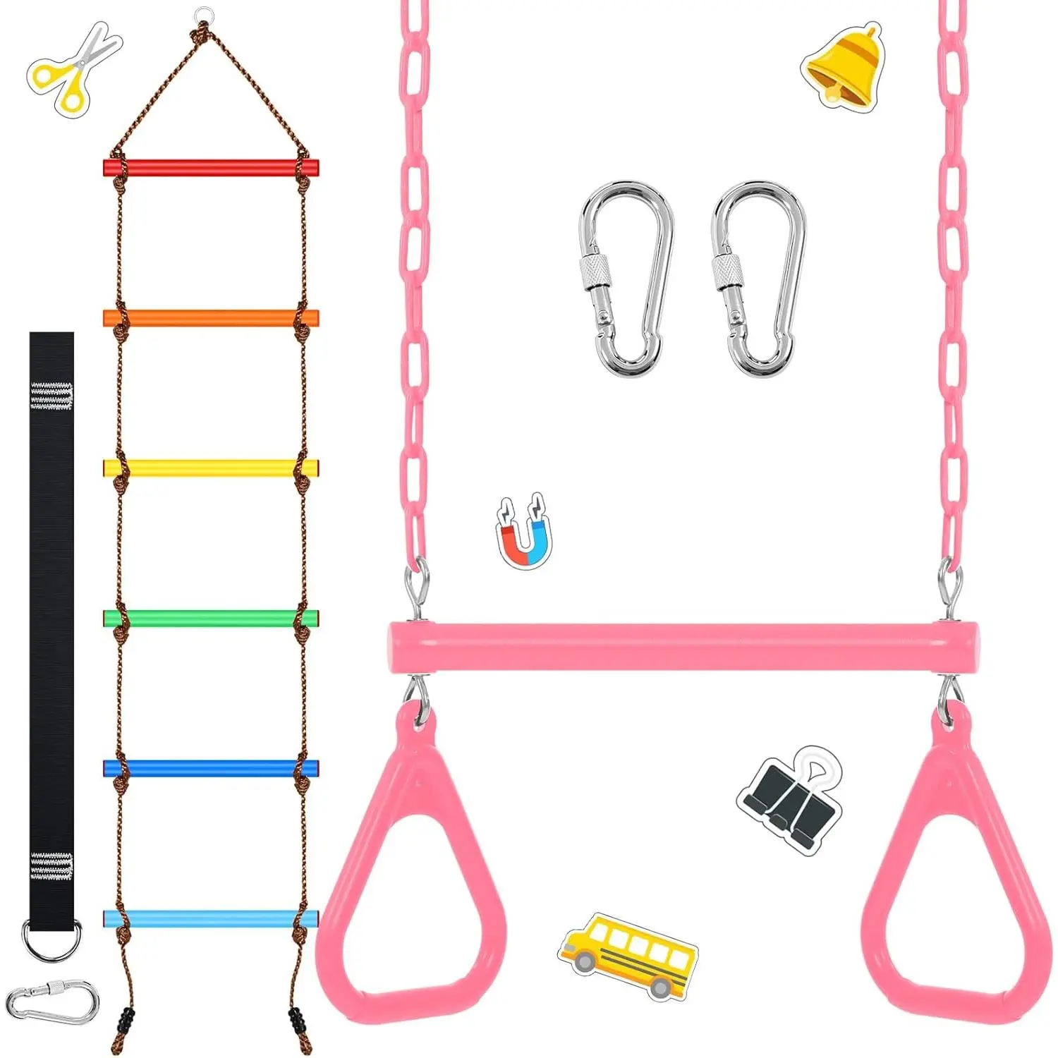 2 Pack Gym Swing Sets 48'' Trapeze Swing Bar Monkey Bar Heavy Duty Chain with Locking 6.8ft Climbing Rope Ladder Climbing Game for Tree House Playground Outdoor Play (Pink)