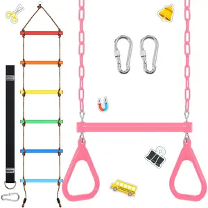 2 Pack Gym Swing Sets 48'' Trapeze Swing Bar Monkey Bar Heavy Duty Chain with Locking 6.8ft Climbing Rope Ladder Climbing Game for Tree House Playground Outdoor Play (Pink)