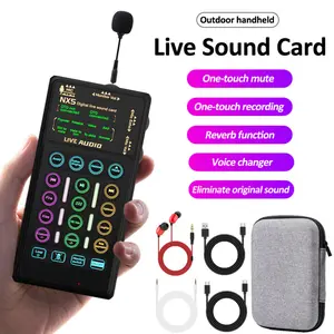 Handheld live streaming microphone device, handheld sound card set, portable voice changer device, audio mixer with voice changing / noise reduction functions, live streaming sound card with microphone and headphone cables, used for podcasts, broadcasting