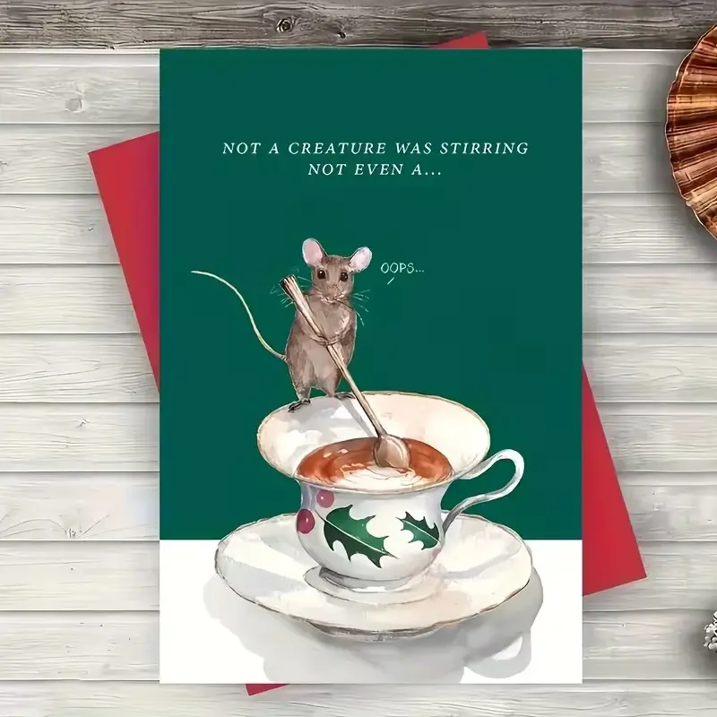 1pc Watercolor Mouse Christmas Greeting Card Holly Teacup Cute Funny Animal Holiday Illustration Card Xmas Christmas Gift for Family Friends Coworkers Holiday Party Celebration Blank Inside with Envelope