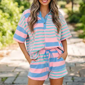 Pink Stripe Exposed Seam Mixed Patchwork Loose Short Set
