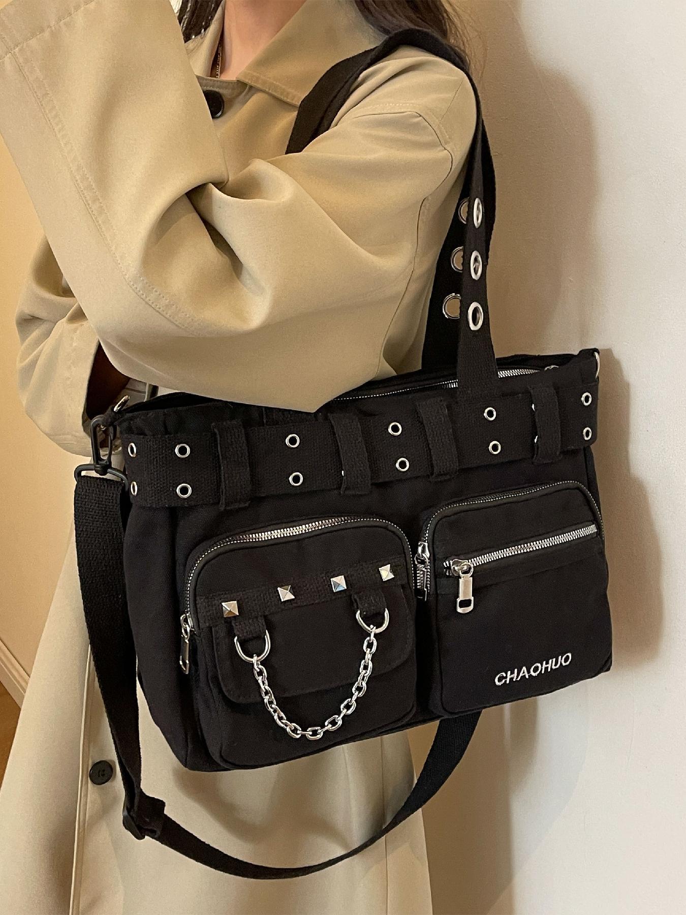 Women's Fashionable All-match Punk Style Tote Bag with Multi-pocket Design, Casual Versatile Zipper Design, Large Capacity Shoulder Tote Bag, Valentine's Gifts for Her