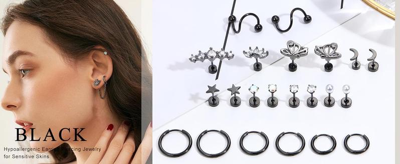 11Pairs 20G Stainless Steel Cartilage Earrings Set - Flatback Star Moon Butterfly CZ Studs Huggie Hoops Chain Dangles for Women Men Helix Tragus Piercing
