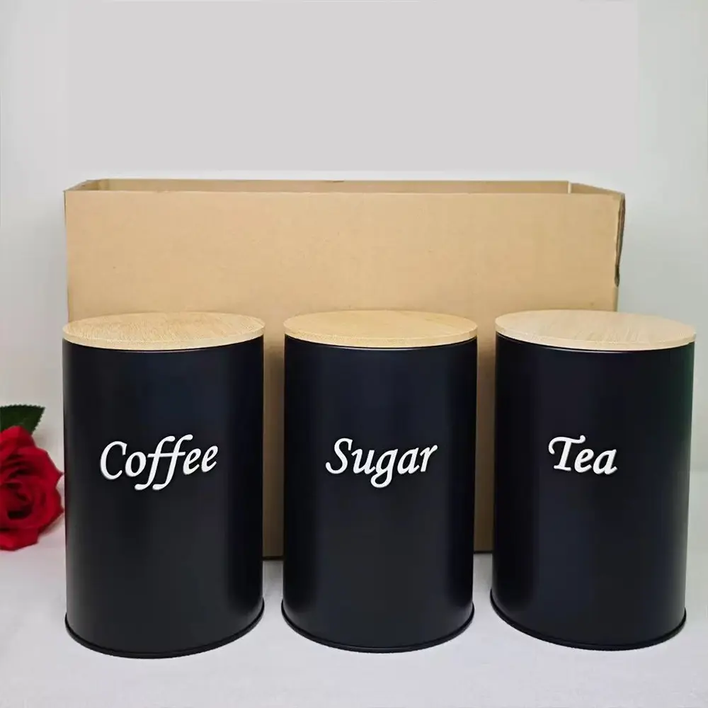 3pcs Stainless Steel Coffee Storage Jars, Letter Print Design, Dust-Proof Lidded Containers, Reusable for Tea, Coffee, Sugar, Kitchen & Office Use