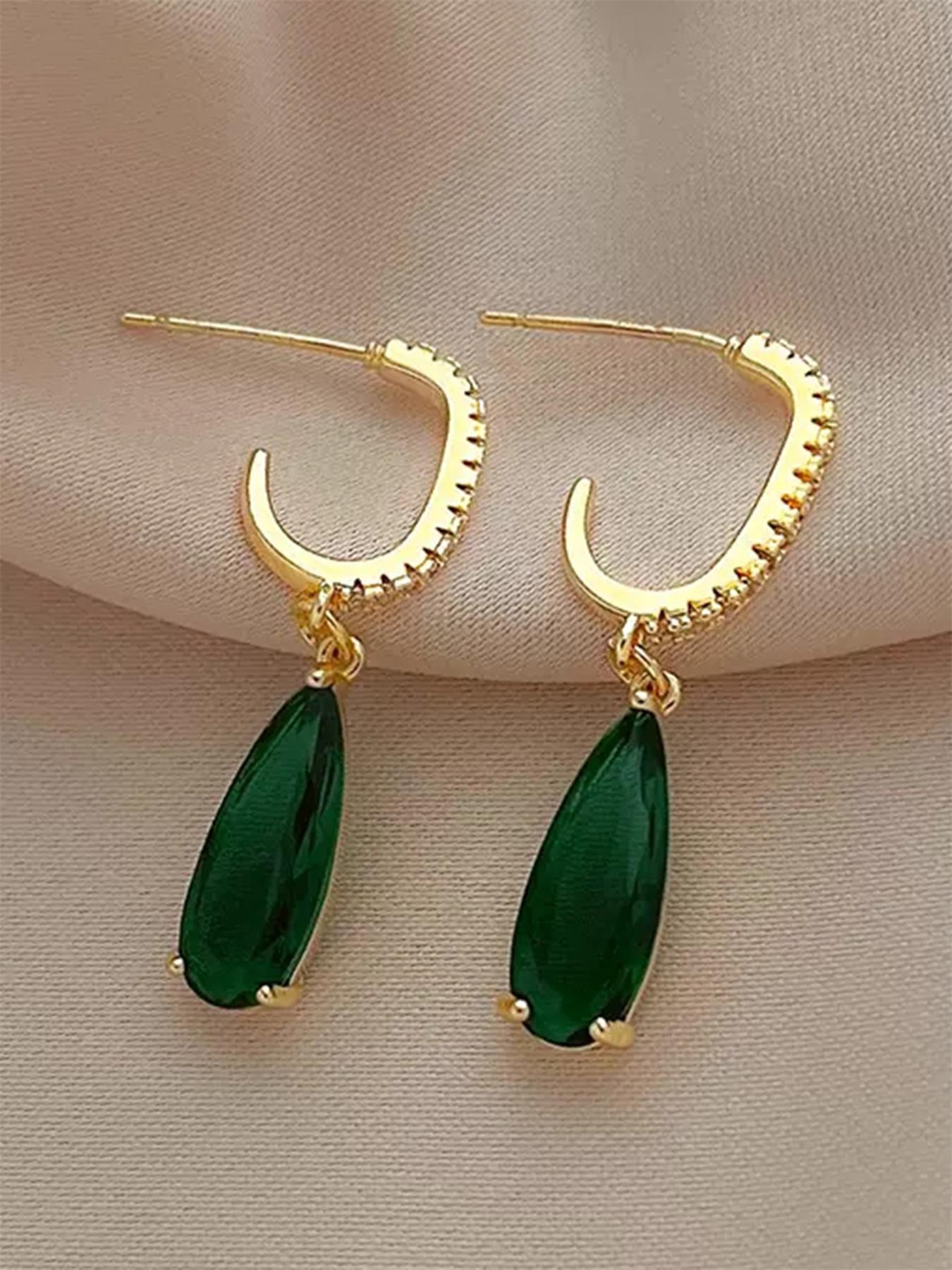 1 Pair Artificial Gemstone & Rhinestone Decor Dangle Hoop Earrings, Elegant Fashion Jewelry For Party, Daily Clothing Decor For Girl, Ladies Anniversary Birthday Jewellery Gift, Classic Style Earrings
