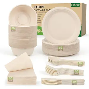 300PCS Compostable Sugarcane Disposable Dinnerware Set for 50 People, Heavy-Duty Biodegradable Plates Bowls Utensils & Napkins, Eco-Friendly Tableware, Father's Day Gift for Backyard Parties & Camping