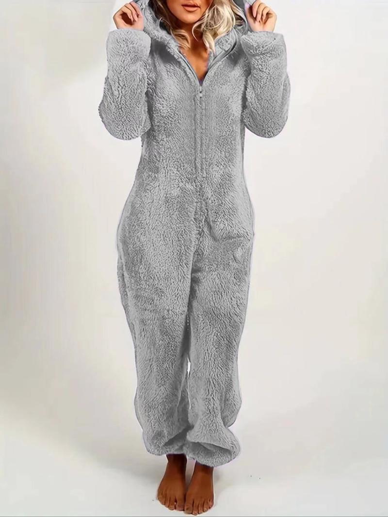 Women's Solid Zipper Hooded Plush Pajama Jumpsuit, Casual Long Sleeve Teddy Bear Ear Design Jumpsuit for Fall & Winter, Women's Sleepwear for Indoor Wear, Fluffy Lady Pajamas