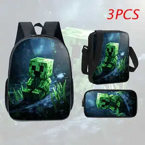 3pcs Set Student Party Building Block Person Theme Large Capacity Backpack Adjustable Shoulder Strap Zipper Closure Fun Cartoon Print Polyester Durable And Easy to Care For, for Teenager, For Teenager
