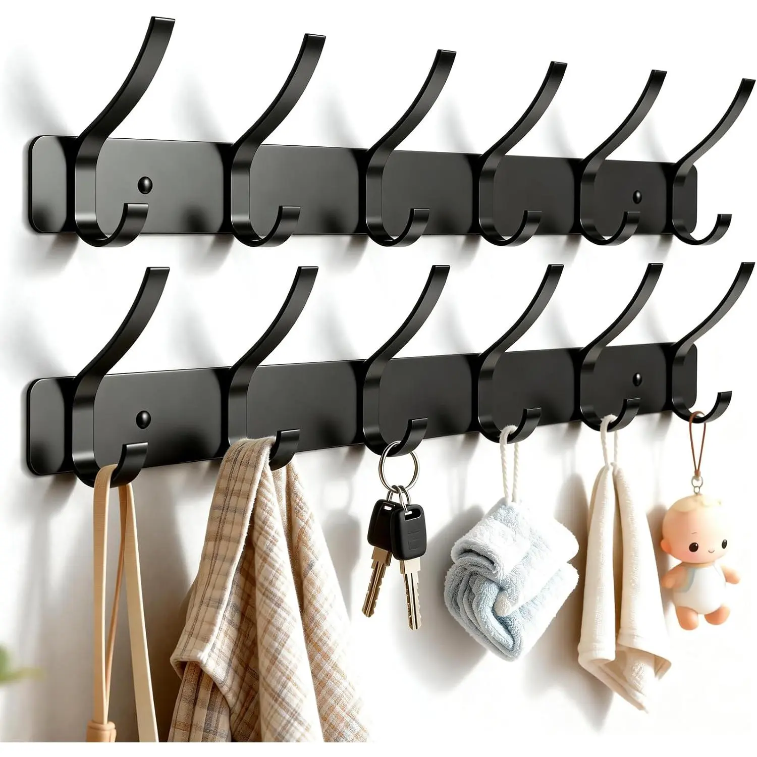 Wall Mounted Coat Rack, 6 Hooks for  Clothes, Black, 2-Pack | Heavy duty rustproof hanger rail for backpacks hats towels, wall hook storage organizer for entryway bathroom mudroom purse