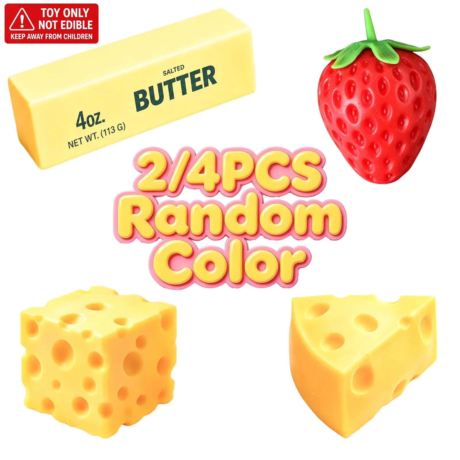 Multi-Piece Party Favor Pack for Her/Him - 2/4 Pack Squeeze Toys (Butter Sticks, Cheese Squares, Strawberries, Squishies Cheese) for birthday party favors, Christmas stocking stuffers, back to school graduation class rewards