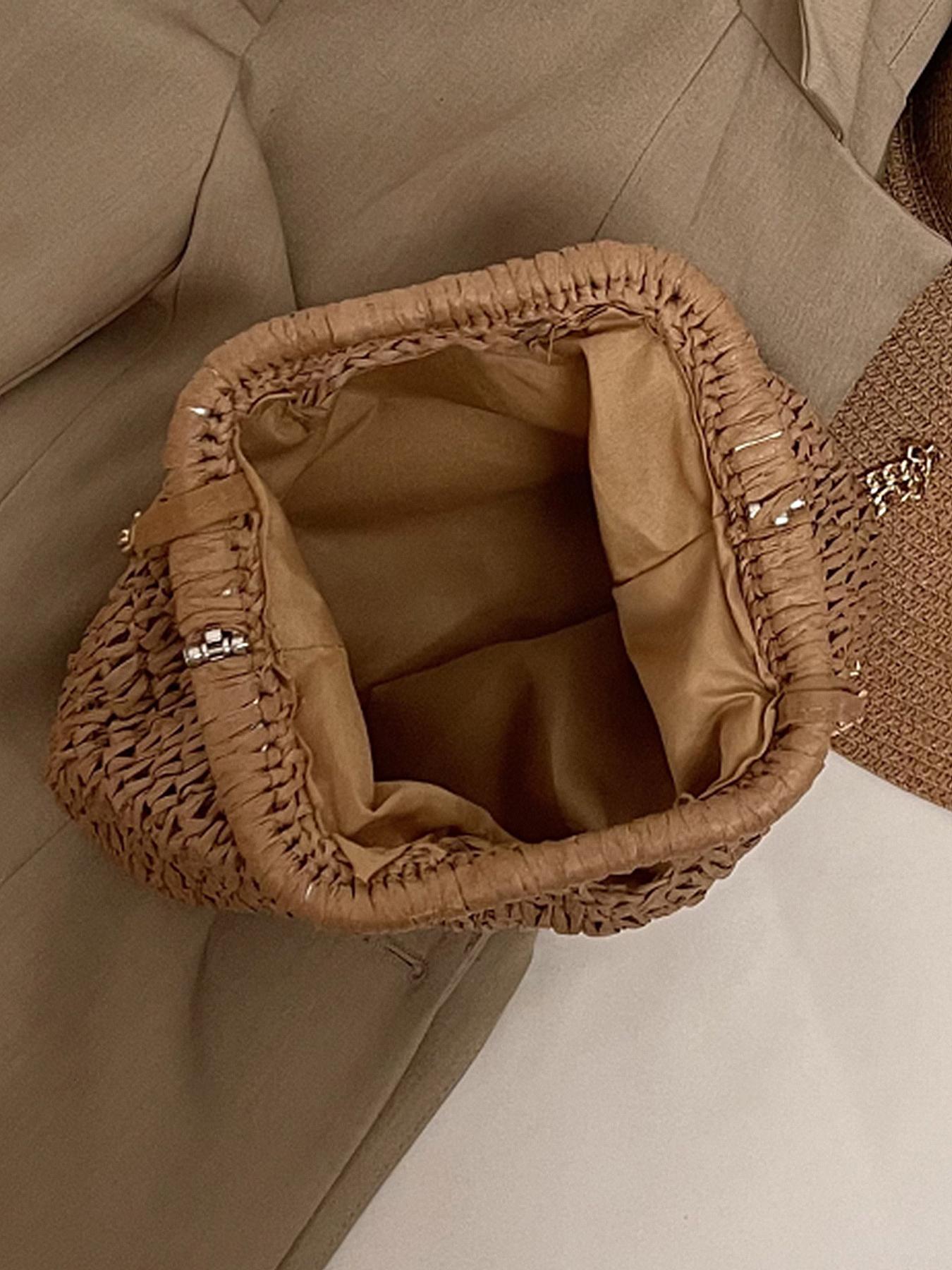 Women's Elegant Straw Bag, Fashionable Straw Crossbody Bag with Chain Strap, Casual Versatile Shoulder Bag for Daily Used, Half Moon Bag
