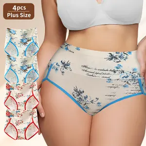 QUASTI Women's 4Pcs Plus Size High-Waist Floral Cotton Briefs, Stretch Full Coverage Panties with No-Pinch Leg Openings, Breathable Soft Fit Womenswear (0XL-4XL)