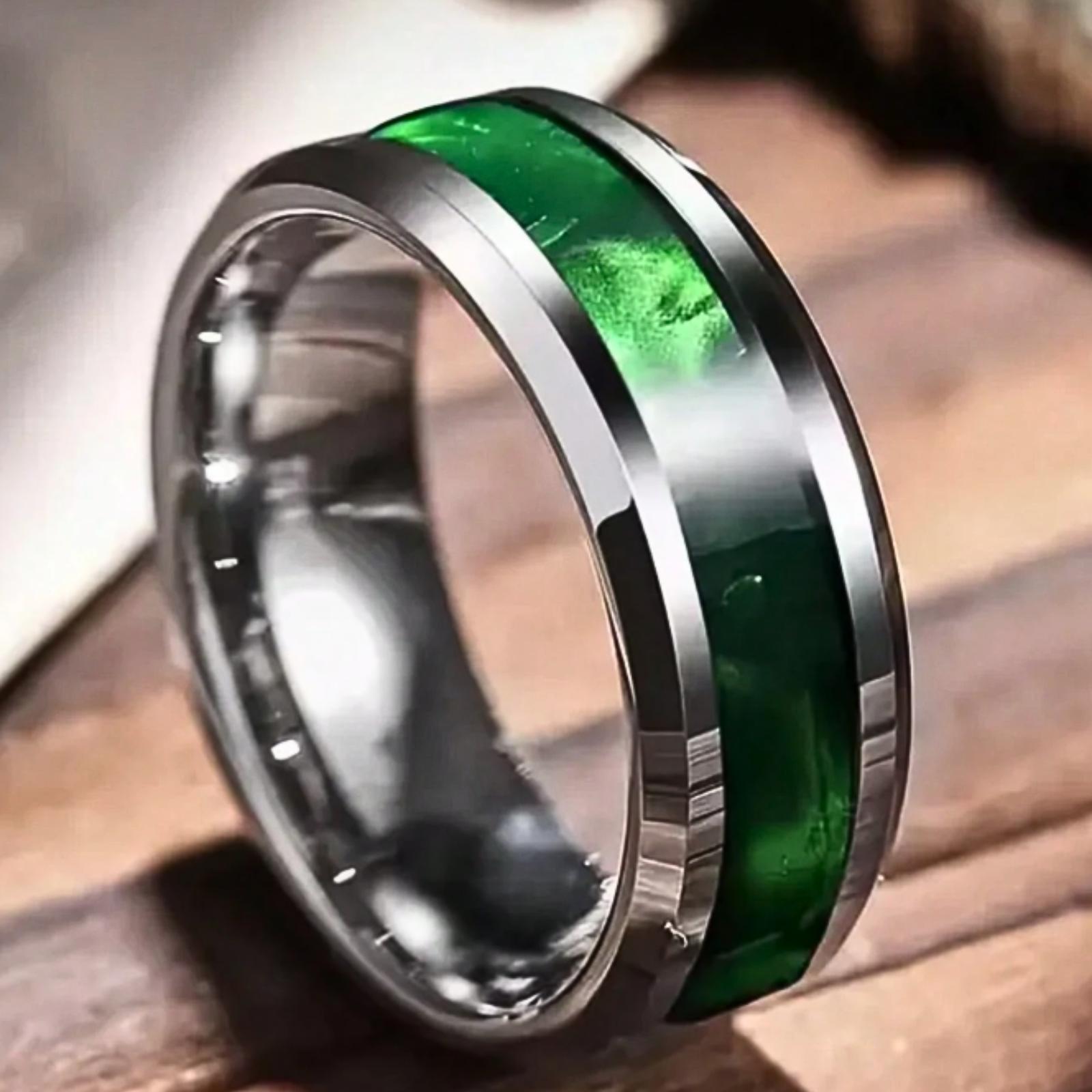 Elegant 8mm Stainless Steel Tungsten Ring with Green Inlay - Fashionable silver bezel design, perfect for weddings and everyday wear, ideal as a gift for Valentine's Day, Christmas, Father's Day, wedding ring