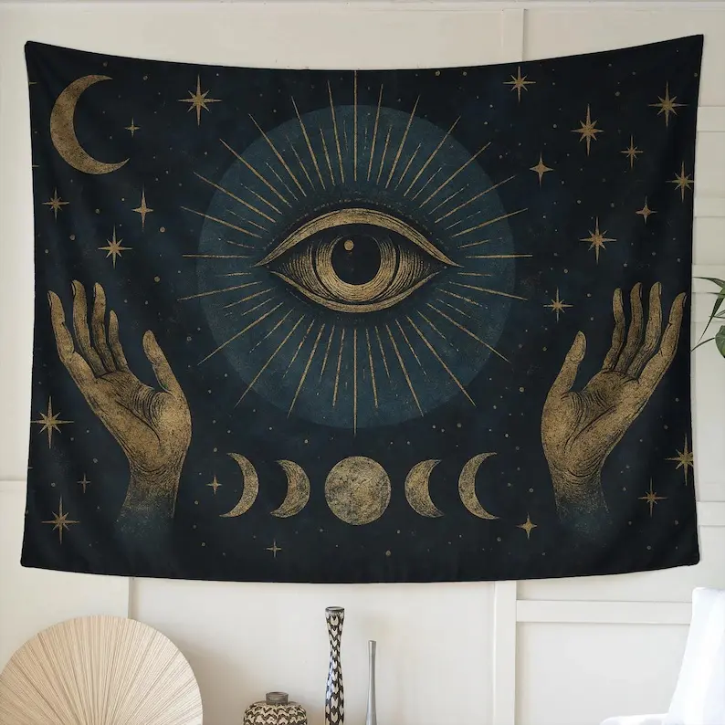 Mystic The All-seeing Eye Tapestry, Moon Phases Celestial Wall Art, Occult Third Eye Decor, Dark Astrology Tapestry, Witchy Tapestry, 60x40 inch