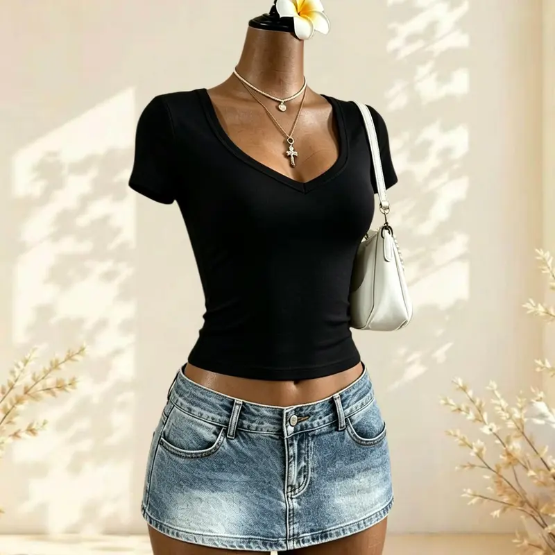 Women's Slim Fit V-Neck Short Sleeve Top, Solid Color Basic T-Shirt, Street Fashion Layering Shirt, Casual Daily Wear, Casual Everyday Tee