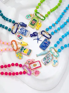 6 Pcs Multicolor Summer Beaded Necklace Set, Enamel Lemon Starfish Tropical Pendant, Beach Resin Jewelry, Fun Tropical Style