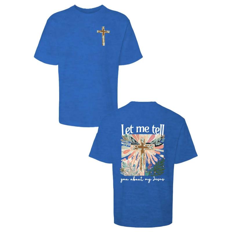 Colorful Graphic Black T-Shirt for Girls - Features Floral Cross Design and Inspirational 'Let me tell you about my Jesus' Text |   Adorned with Pink Hair Clips, Perfect for Casual Wear |   Stylish and Eye-Catching Top for Young Fashionistas