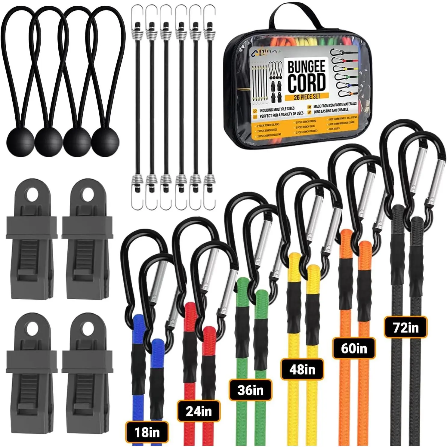 Heavy Duty Synthetic Rubber Latex Carabiner Hook Bungee Cords 26-Set - 2x18in,24in,36in,48in,60in,72in,6 Mini Tie Down Straps, Ball Bungees, Tarp Clips, Organizer Bag - Ideal for Patio Furniture, DIY Projects