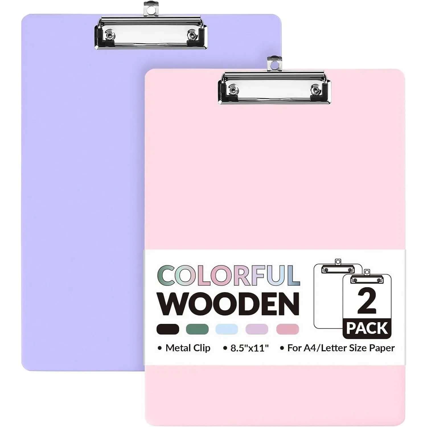 2 Pack Clipboard, Colored Hardboard Clipboards 8.5" x 11" with Low Profile Clip, Cute A4/Letter Size Hanging Writing Board for Office, Classroom, School Supplies