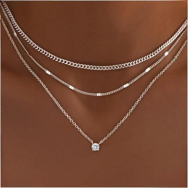 Layered Necklace & Cuban Chain – Two-Tone Ensemble & CZ Pavé Pendant Motif, Viral TikTok Mixed-Metal Aesthetic & Waterproof Jewelry Trend, Waterproof Mixed-Metal Lightweight & Stackable Accessory for Daily Fashion, Party Wear, Layering Style & Gift