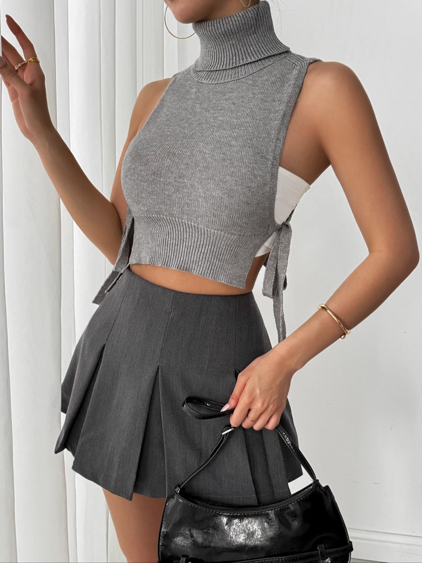 Spring Summer Women's Sexy High Neck Tie Back Vest, Fashion Outerwear, Elegant Knitted Short Jacket, Slim-Fitting Blouse