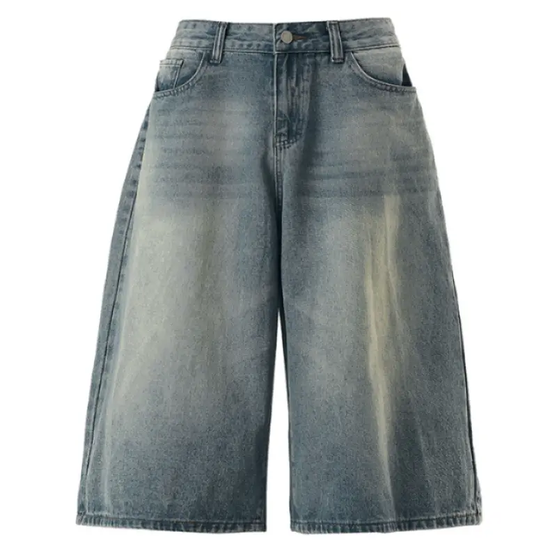 Men's Retro 5-Pocket Mid-Calf Denim Shorts - Unisex, Unadorned Clean Washed Surface, Single Metal Button Fly, Classic Stitching Seam, Versatile Daily Jean Culottes for Summer, Street Style, Basic Menswear Bottoms
