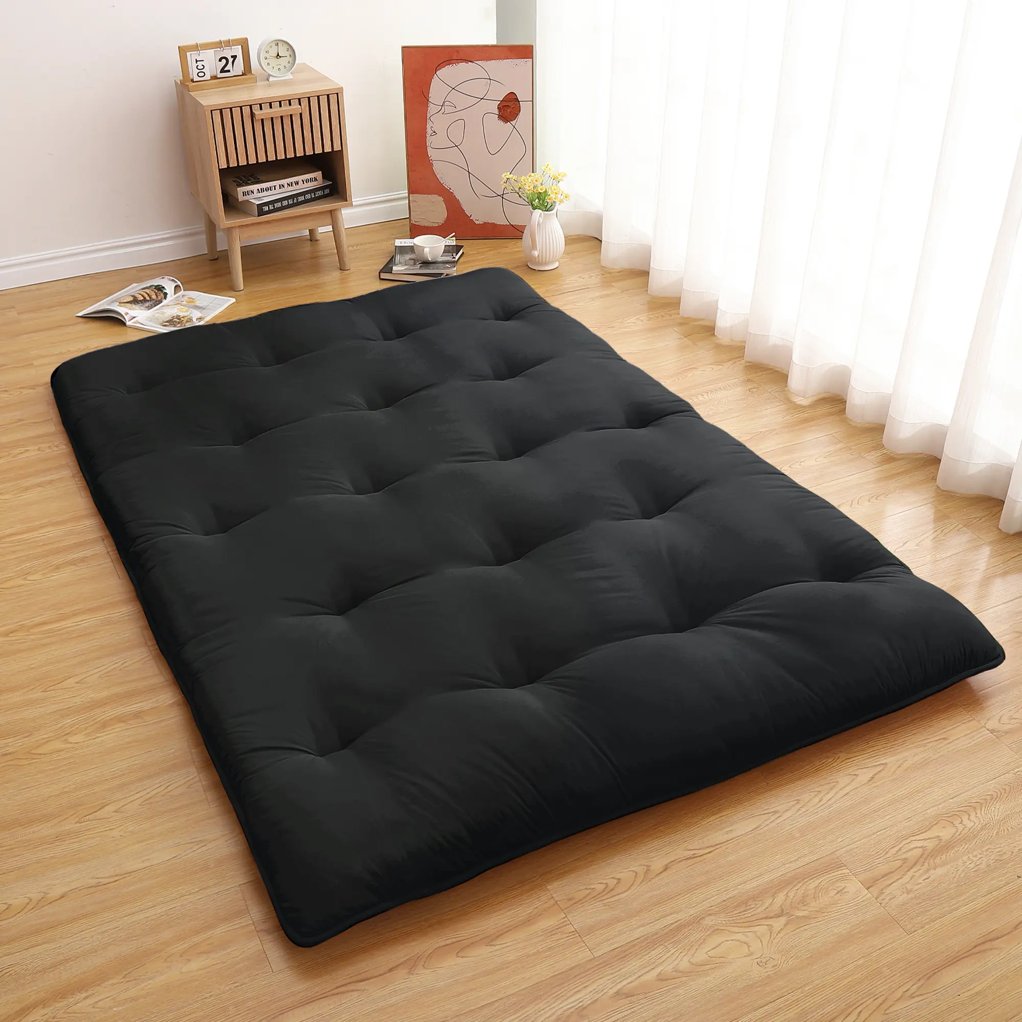 Premium Convertible Japanese Floor Futon Mattress, Twin Size Black Tatami Sleeping Pad, Roll-Up Design for Dorm, Apartment, Camping, Yoga & Kids Play, 99×203cm