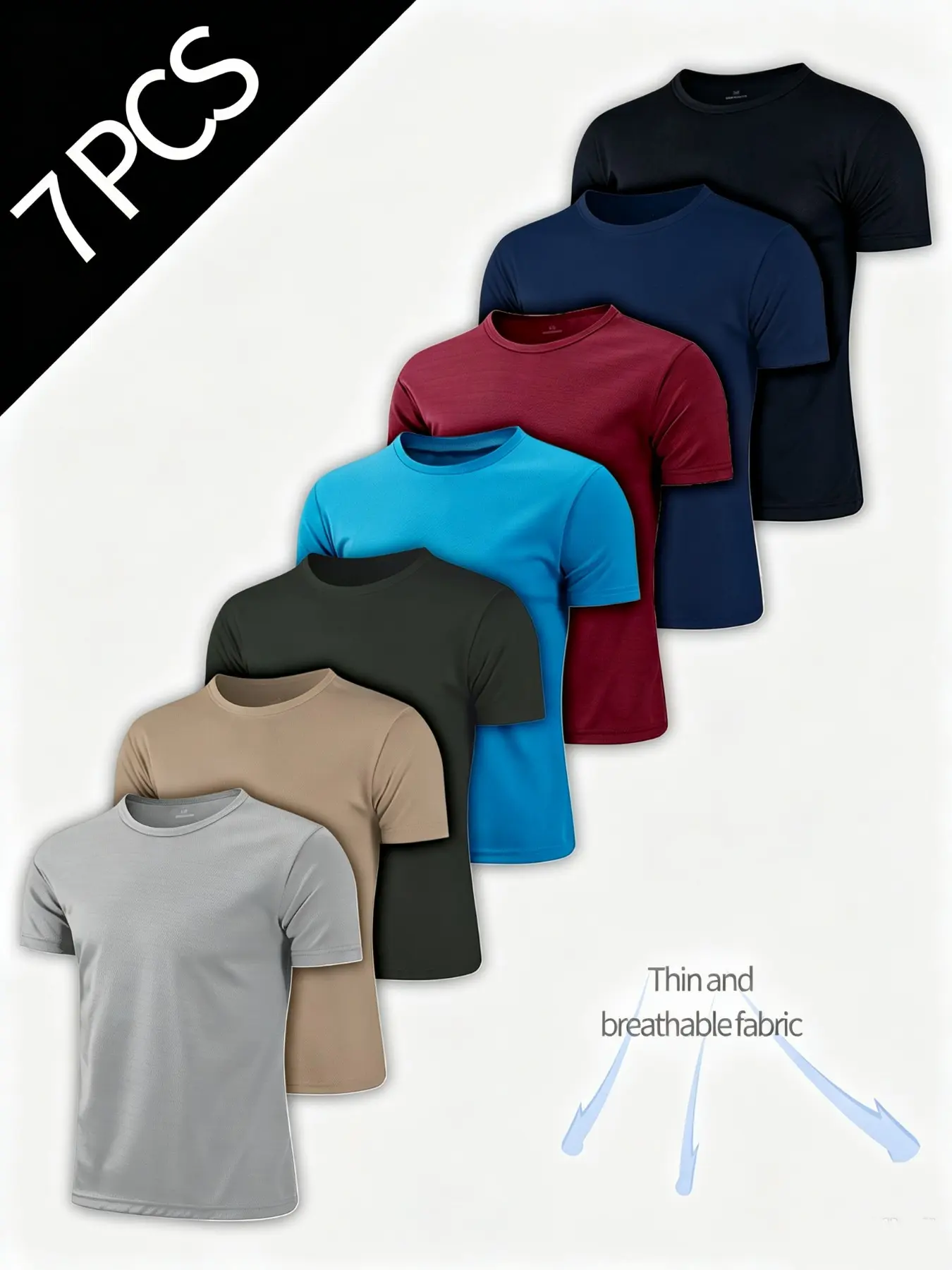 7-Pack Men's Breathable Polyester Crew Neck T-Shirts, Crewneck Tee, Lightweight Moisture-Wicking Short Sleeve Tops, Multiple Colors, Casual Outdoor Wear