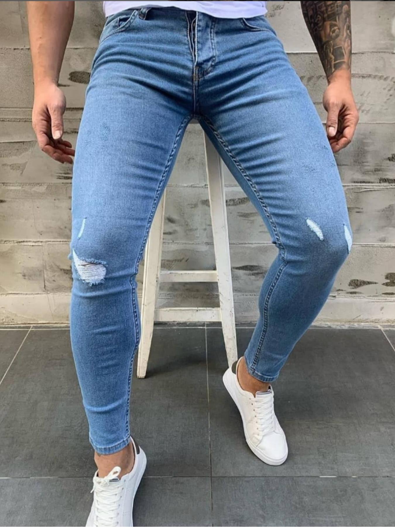 Men's Ripped Button Fly Jeans, Casual Comfy Pocket Denim Pants for ...