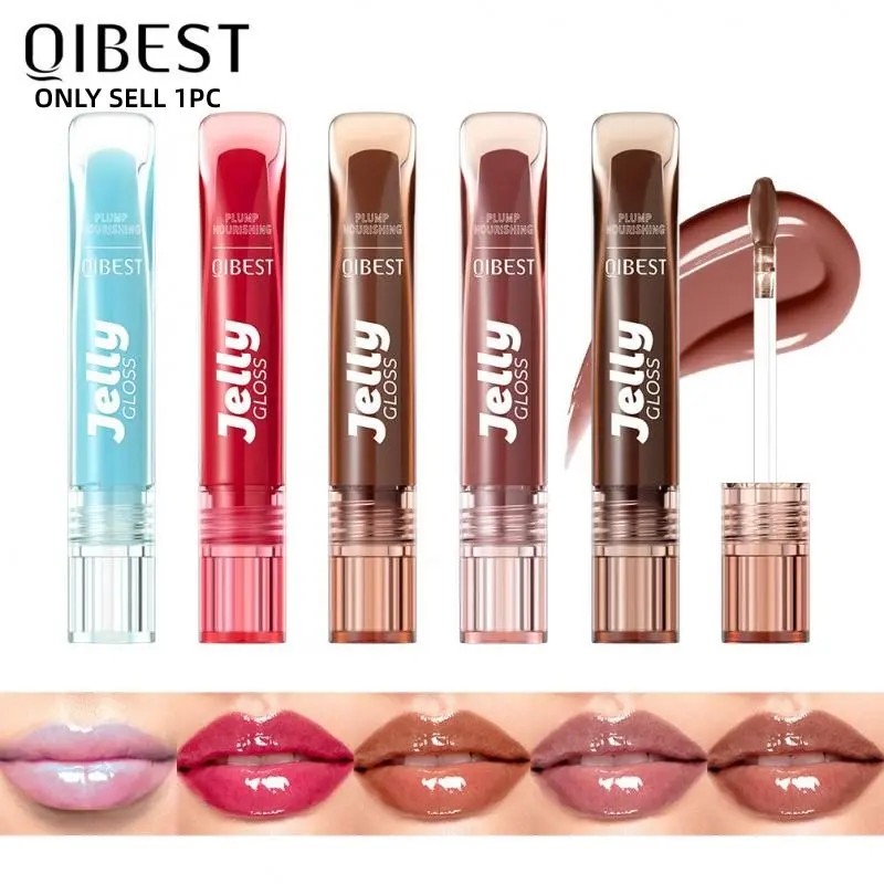 1PC Plumping Jelly Lip Gloss 5 Colors QIBEST Shiny Lip Tint Smooth Non‑Sticky Nude & Red‑Brown Tones Sleek Tube Design For Date Party Lip Cosmetic Gift Volumizing Lip Gloss