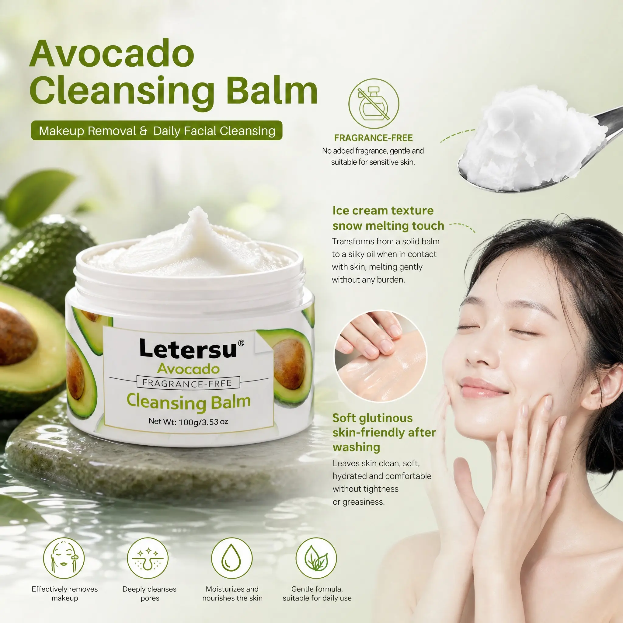 Letersu Avocado Cleansing Balm 100g / 3.53oz, Makeup Remover & Gentle Daily Cleanser, Fragrance-Free, Melts at 37°C