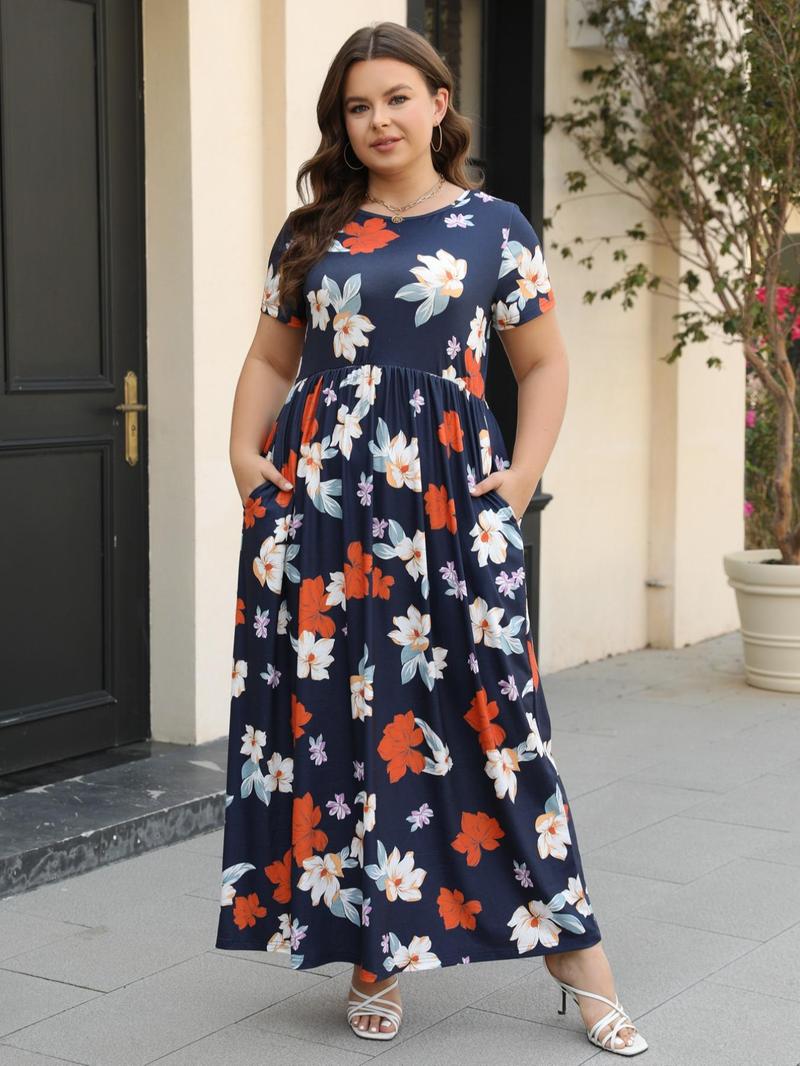 Plus Size Floral Print Pocket Round Neck Tee Dress, Summer Clothes Women, Boho Casual Short Sleeve Long Dress for Beach Vacation Holiday, Women's Clothes for Summer, Womenswear